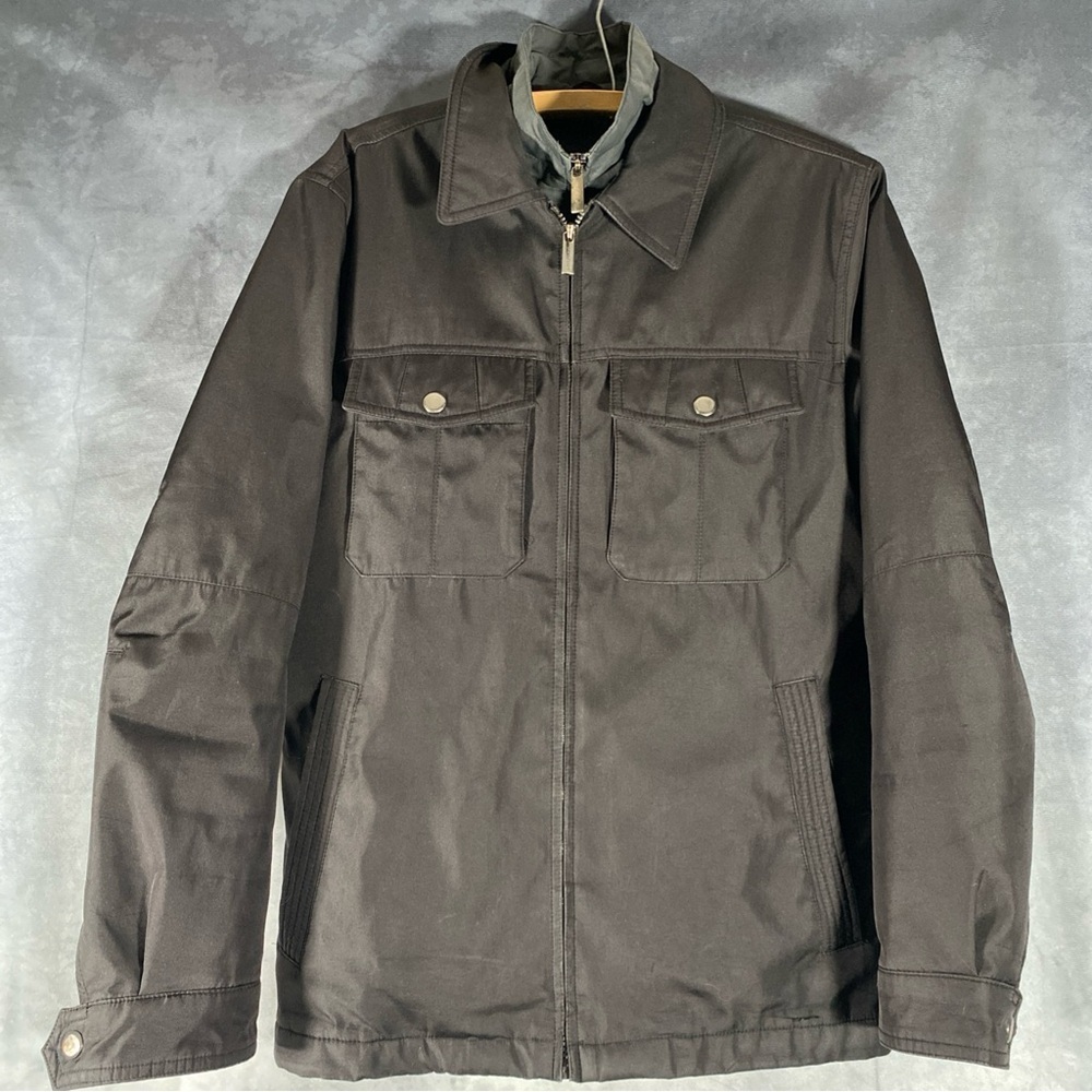 London Fog Beaverton Contrast Collar Black Zip Up Coat Jacket Mens Size Small